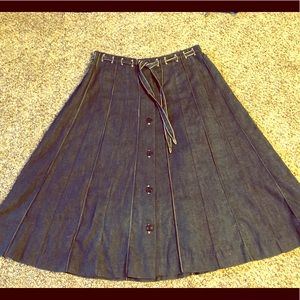 Pleated Denim Flair Skirt, Button Down, High-Waist